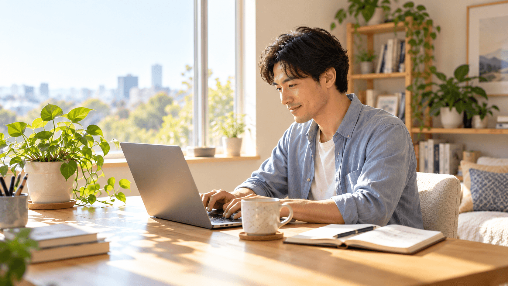 明るい部屋で、ノートPCに向かって作業している様子